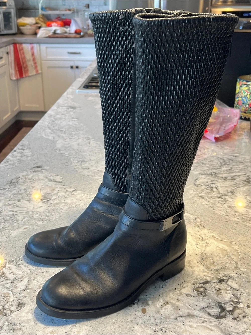 Blondo Emma Waterproof Leather Woven Stretch Riding Boots Black 9.5 EUC